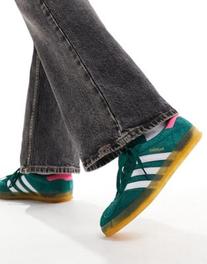 Adidas Originals Gazelle Indoor sneakers in dark green with pink heel tab offers at $120 in Asos