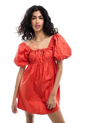 ASOS DESIGN puffed sleeve smock mini dress in red offers at $37.99 in Asos