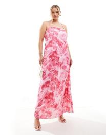Vero Moda Curve satin square neck maxi slip dress in pink daisy print offers at $81 in Asos