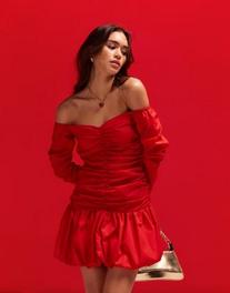 ASOS DESIGN off-the-shoulder ruched bodice mini dress with puffball skirt in red offers at $49.99 in Asos