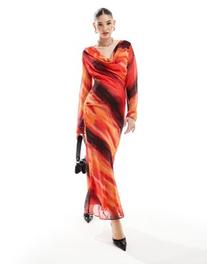 ASOS DESIGN chiffon cowl neck maxi dress in red abstract print offers at $69.99 in Asos