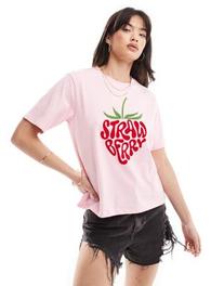 Pieces felt 'Strawberry' print oversized T-shirt in pink offers at $33 in Asos