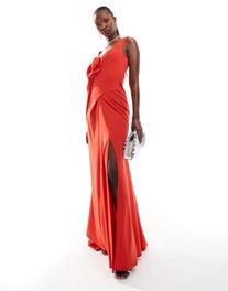 ASOS DESIGN premium draped rose detail off shoulder fishtail maxi dress in red offers at $139 in Asos