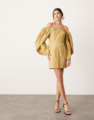 ASOS EDITION structured off the shoulder mini dress in honey offers at $199 in Asos