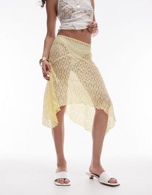 Topshop jersey handkerchief hem 90s length lace skirt in yellow offers at $49.99 in Asos