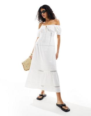 ASOS DESIGN off shoulder midi dress with pintucks & crochet trims in white offers at $71.99 in Asos