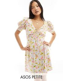 ASOS DESIGN Petite milkmaid tie up mini dress in lilac print offers at $45 in Asos