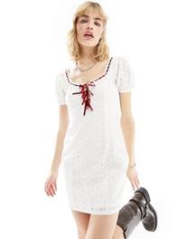 Daisy Street white lace mini milkmaid dress with red ribbon detail offers at $42 in Asos