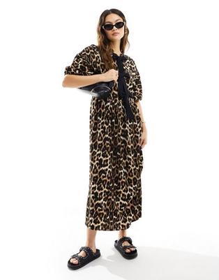 ASOS DESIGN puff sleeve tie front maxi dress in leopard print offers at $64.99 in Asos