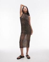 Topshop sleeveless crinkle plisse midi dress in leopard print offers at $64.99 in Asos