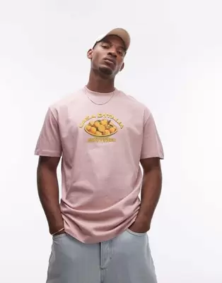 Topman oversized fit T-shirt with fruit print in washed pink offers at $30 in Asos