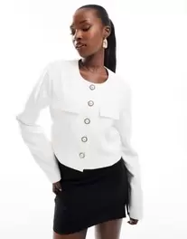 Kaiia boxy cropped pearl button through jacket in white offers at $66 in Asos