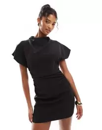 ASOS DESIGN grown on sleeve high neck mini dress with open back detail in black offers at $54.99 in Asos