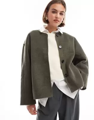 ASOS DESIGN collarless throw on formal coat in charcoal offers at $79.99 in Asos