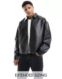 ASOS DESIGN faux leather boxy oversized harrington jacket in black offers at $69.99 in Asos