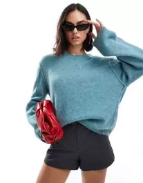 & Other Stories alpaca and wool blend fluffy knit sweater in teal blue offers at $111 in Asos