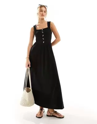 ASOS DESIGN square neck midi sundress with button detail in black offers at $8 in Asos