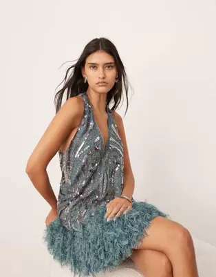 ASOS EDITION embellished plunge neck mini dress with faux feather hem in blue offers at $149.5 in Asos