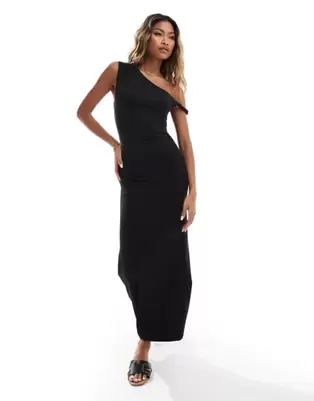 ASOS DESIGN twist strap one shoulder midi dress in black offers at $9 in Asos