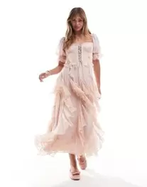 Miss Selfridge lace ruffle maxi dress in pink offers at $89.5 in Asos