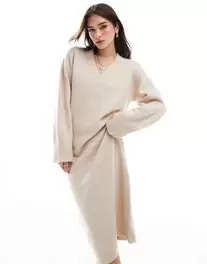 ASOS DESIGN knit v neck midaxi dress in oatmeal offers at $34 in Asos