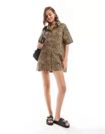 ASOS DESIGN denim short sleeve shirt dress in leopard print offers at $13.5 in Asos