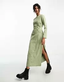 ASOS DESIGN washed twill midi dress with circle side detail in acid wash green offers at $58.5 in Asos