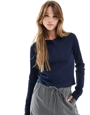 ASOS DESIGN long sleeve henley t-shirt in waffle in navy offers at $15 in Asos