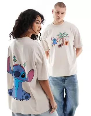 ASOS DESIGN Disney Christmas oversized t-shirt with Stitch prints in neutral offers at $26.5 in Asos