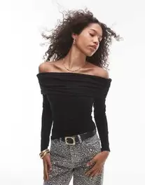 Topshop premium ribbed long sleeve off the shoulder top in black offers at $34 in Asos