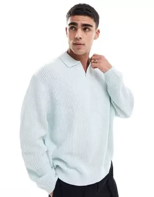 ASOS DESIGN knit oversized fisherman ribbed notch neck sweater in light blue offers at $34 in Asos