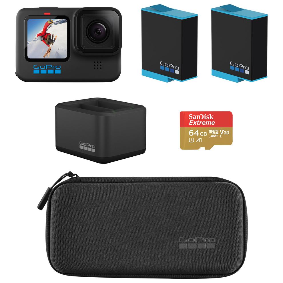 GoPro HERO10 Black Waterproof 5.3K Sports & Helmet Camera w/ Dual Battery Charger, Battery Packs, Memory Card & Case offers at $349.99 in Best Buy