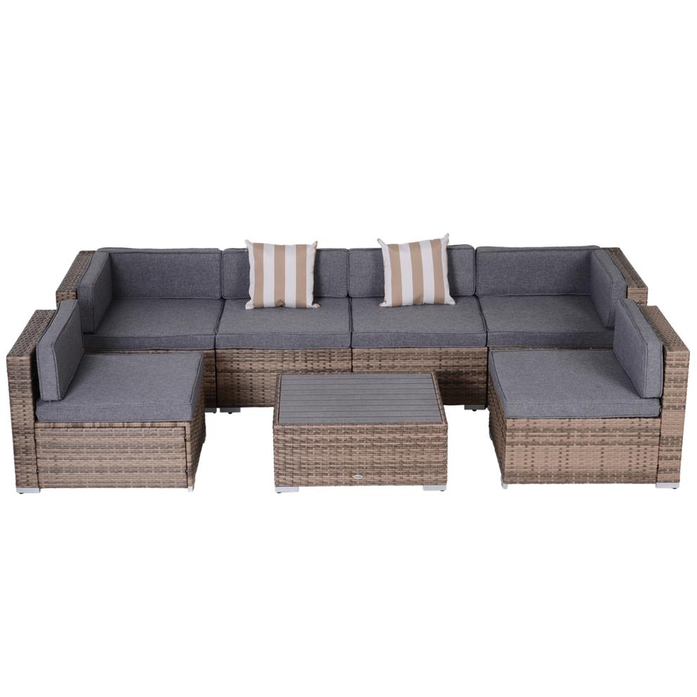 Outsunny 7 Piece Patio Furniture Set, PE Rattan Outdoor Conversation Set with Sectional Sofa, Glass Tabletop, Cushions and Pillows for Garden, Lawn, Deck, Dark Beige and Grey offers at $799.99 in Best Buy