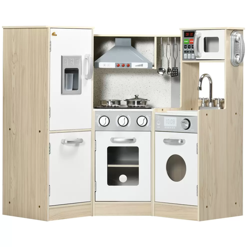 Qaba Wooden Play Kitchen with Lights Sounds, Corner Kids Kitchen Playset with Play Phone, Ice Maker, Microwave, Range Hood, Refrigerator, Gift for Ages 3-6 Years Old, White offers at $169.99 in Best Buy