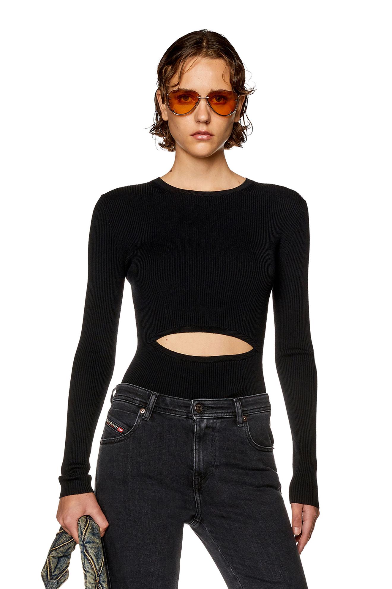 Wool-blend top with cut-out offers at $195 in Diesel