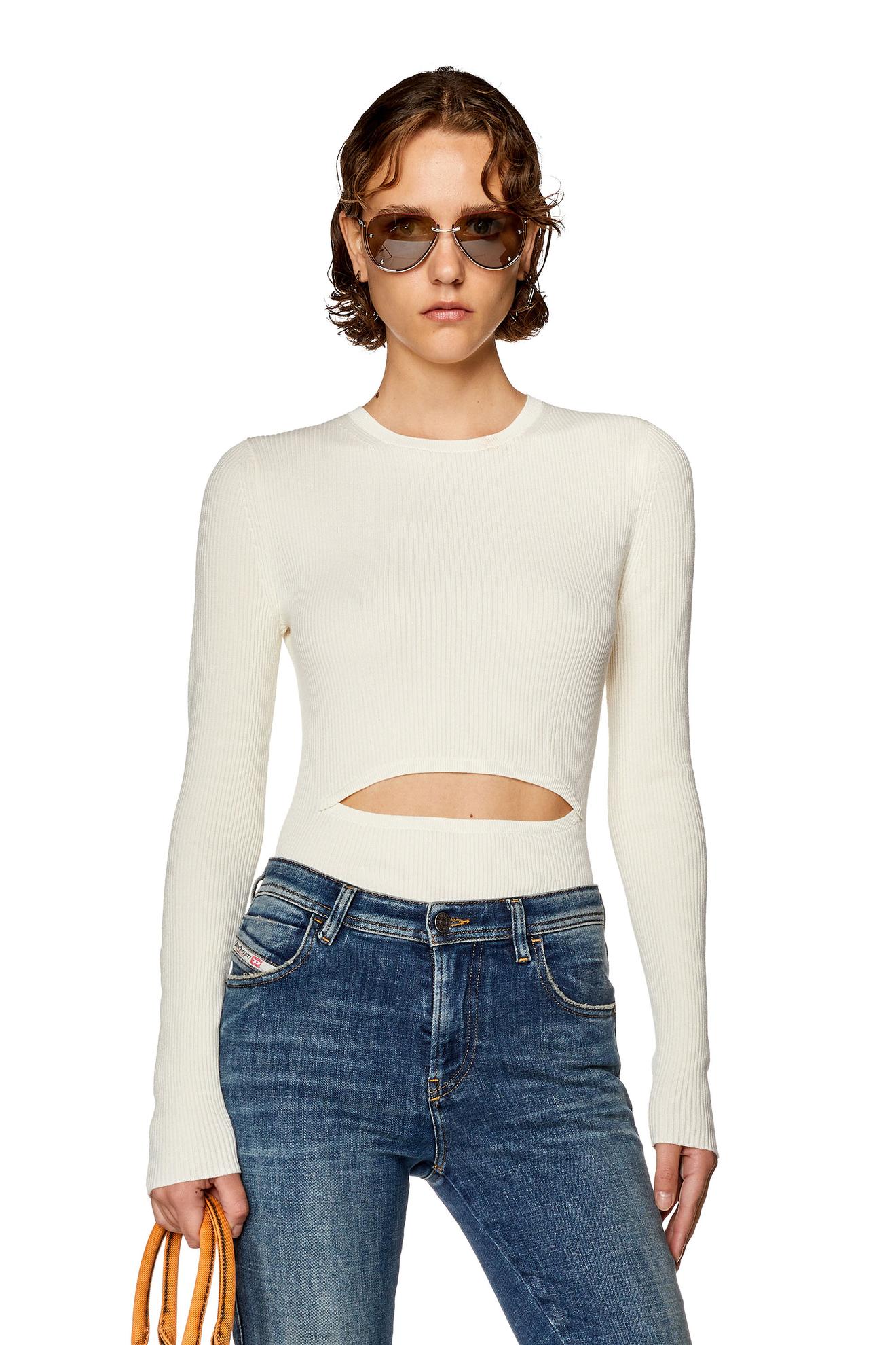 Wool-blend top with cut-out offers at $195 in Diesel