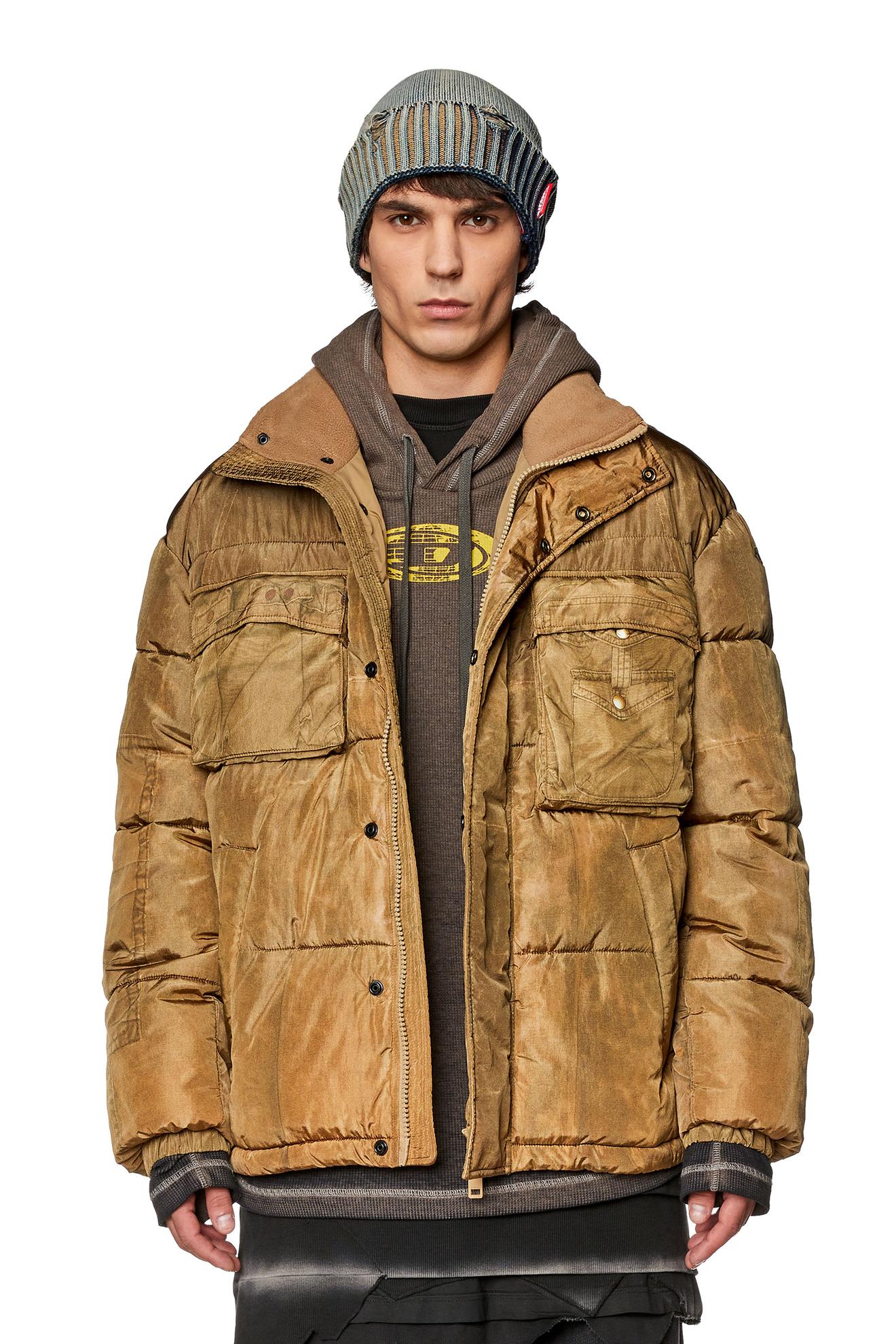 Puffer jacket with jeans print offers at $465 in Diesel