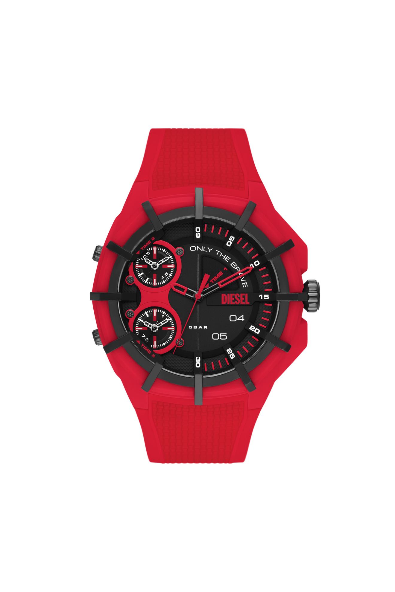 Framed three-hand red silicone watch offers at $213 in Diesel