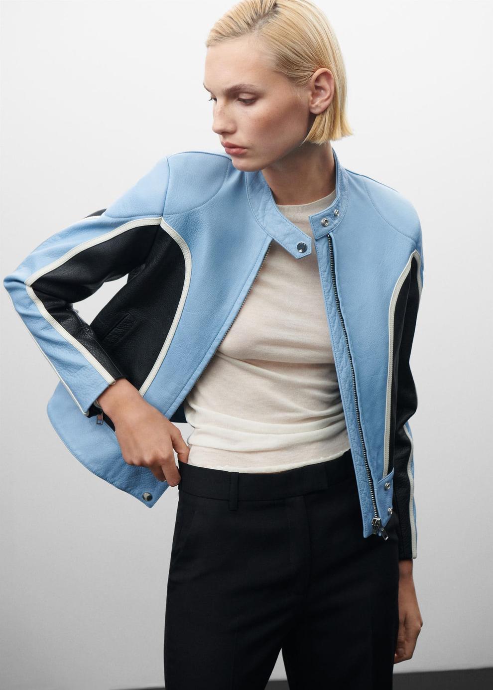 Contrast leather biker jacket offers at $249.99 in Mango