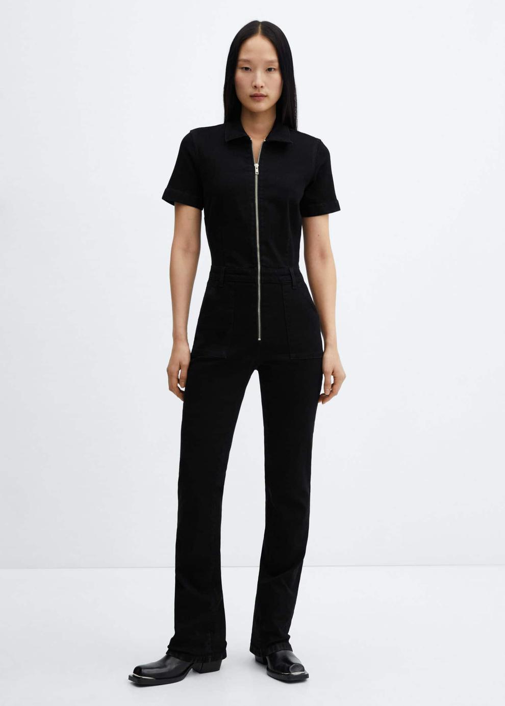 Denim zipper jumpsuit offers at $79.99 in Mango