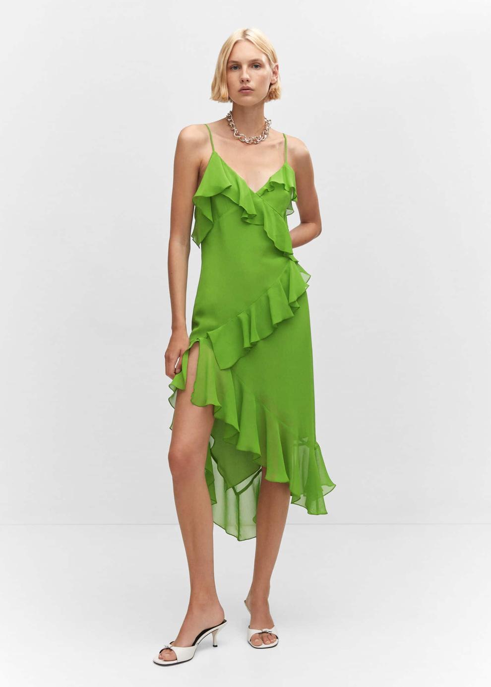 Asymmetric ruffled dress offers at $79.99 in Mango