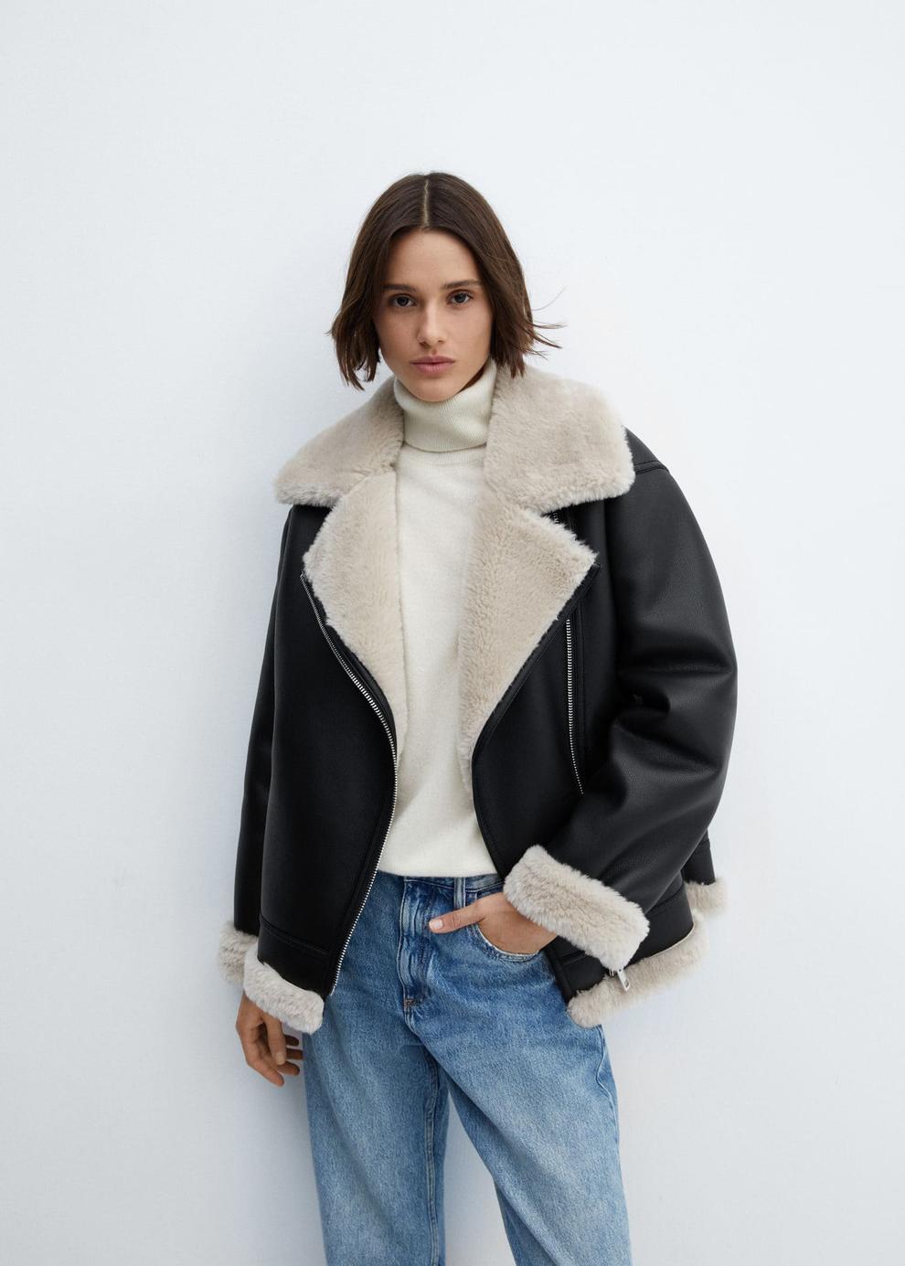Faux shearling-lined jacket offers at $149.99 in Mango