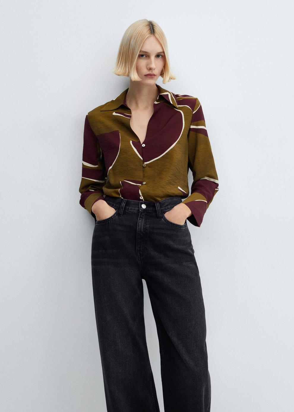 Satin print shirt offers at $44.99 in Mango