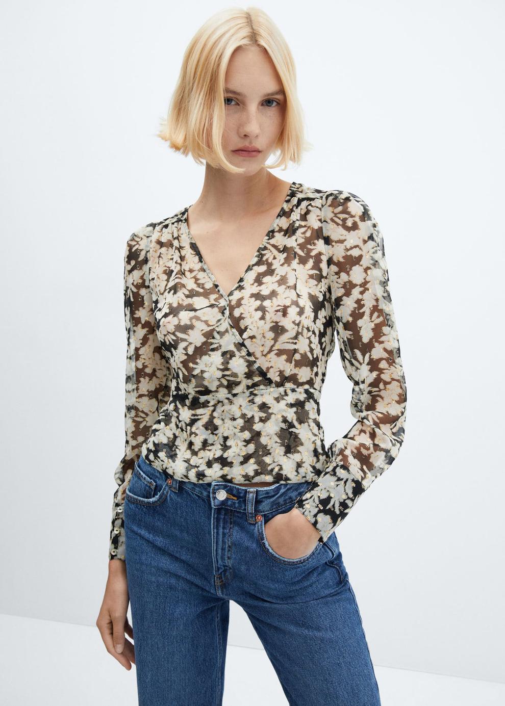 Floral print crossover blouse offers at $44.99 in Mango
