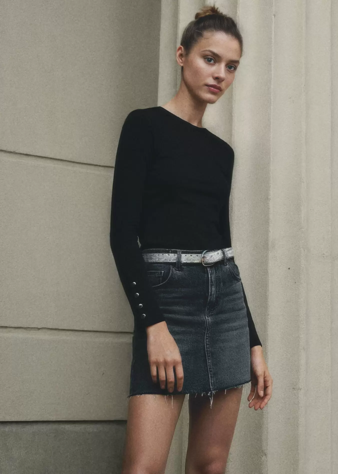 Denim mini-skirt offers at $59.99 in Mango