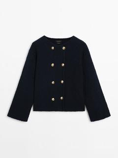 Textured knit cardigan with gold buttons offers at $129 in Massimo Dutti