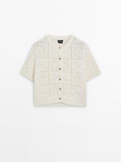 Short sleeve open-knit cardigan offers at $149 in Massimo Dutti