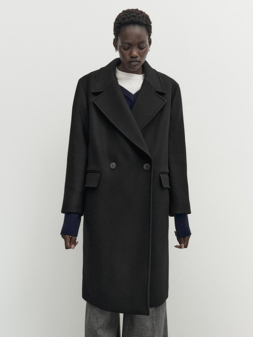 Black wool blend comfort coat offers at $229 in Massimo Dutti