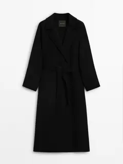 Long wool blend coat with belt offers at $529 in Massimo Dutti